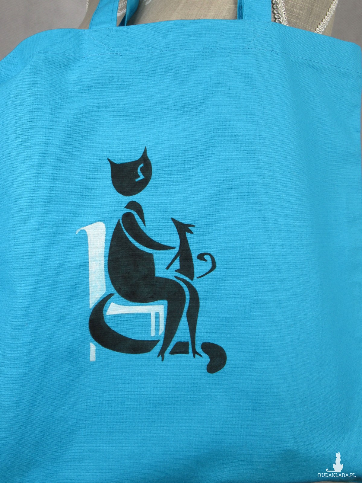 Torba  bawełniana ręcznie malowana Kot i Pies niebieska